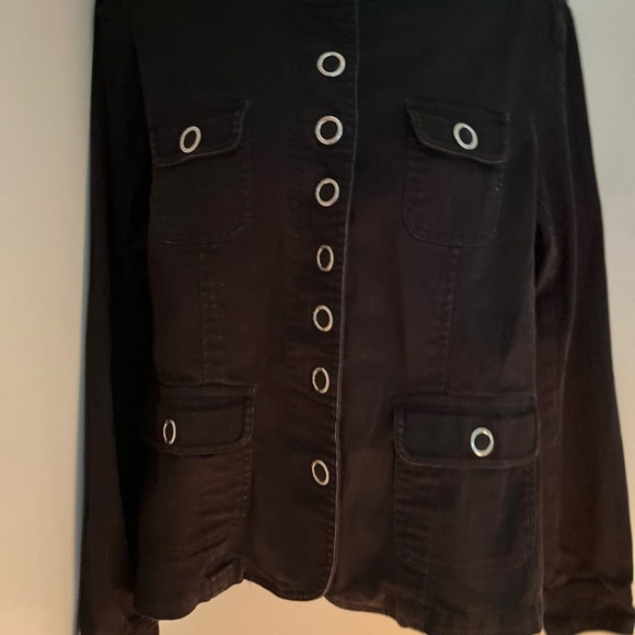 Liz Claiborne Black Utility Jacket big buttons cotton black Jean jacket see belo - Picture 1 of 4